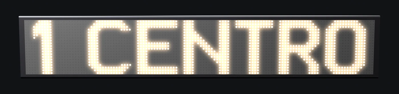 Render do indicador de destino frontal LC-20.128 a partir do CAD real do produto, com a matriz LED a mostrar um destino de exemplo genérico em fonte real do NSS Editor.